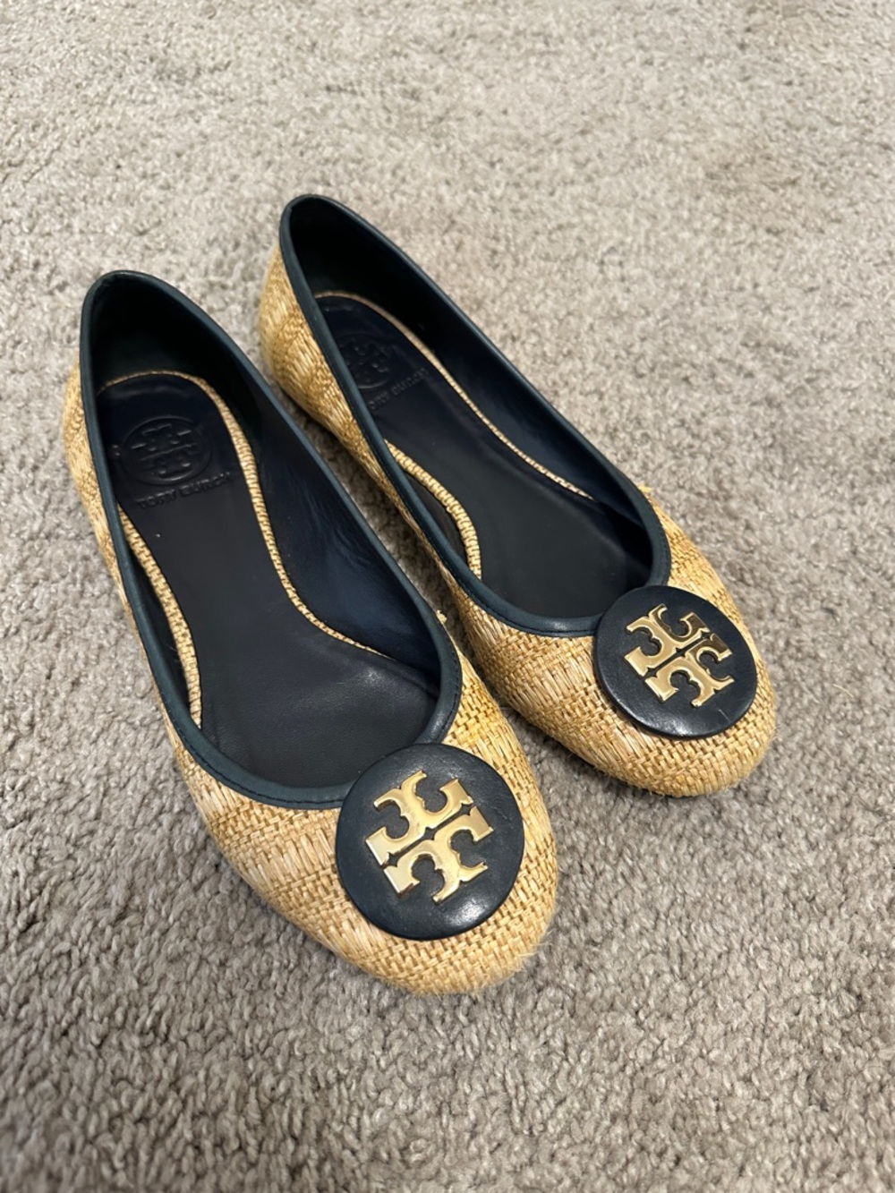 Tory Burch Natural Raffia Reva Ballet Flats with Black Trim & Gold Logo